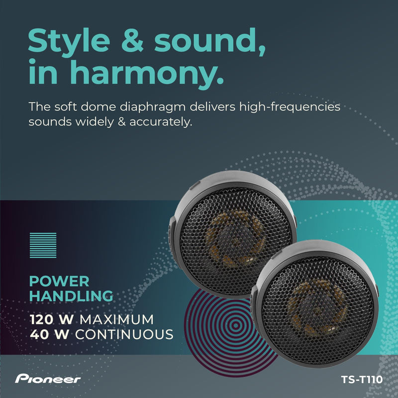 Pioneer TS-T110 7/8" Hard Dome Component Tweeters 120W Max | Crisp High-Frequency Detail, Easy Add-On for Clarity, Flush/Surface Mount 7/8"