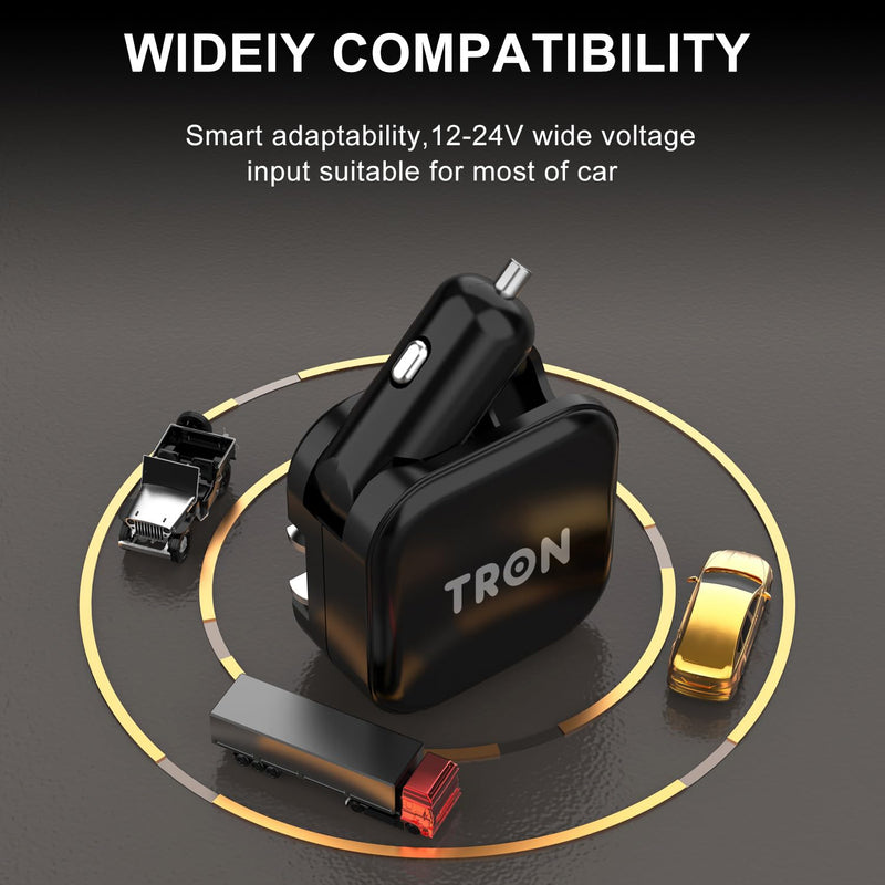 TRON Wall & Car Charger Travel Charging Station, 36W Dual USB-C & USB-A Fast Charger, Foldable for iPhone, iPad, Android, Earbuds – TR17
