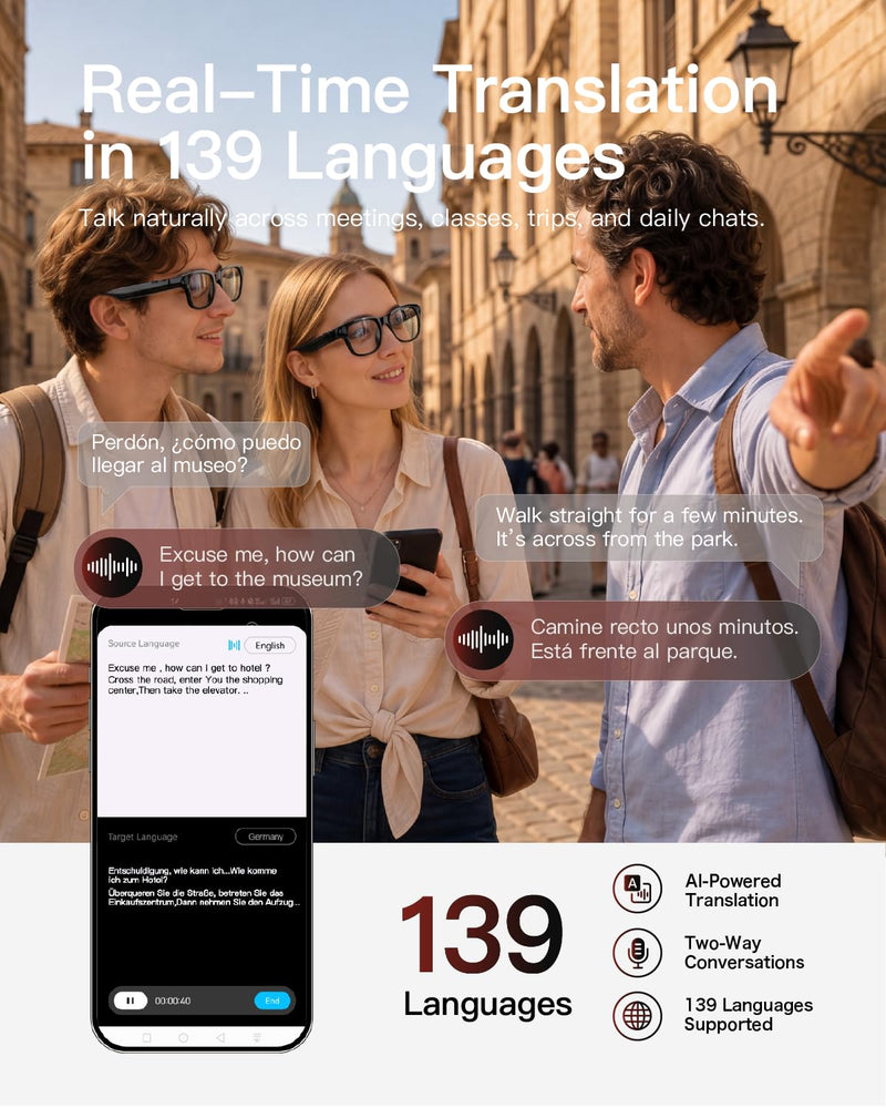 AI Smart Glasses with Camera, 4K POV Recording, Transparent Lens | 8MP photos, AI real-time translation, Object recognition, Bluetooth 5.4 open-ear audio for travel, work, and daily use