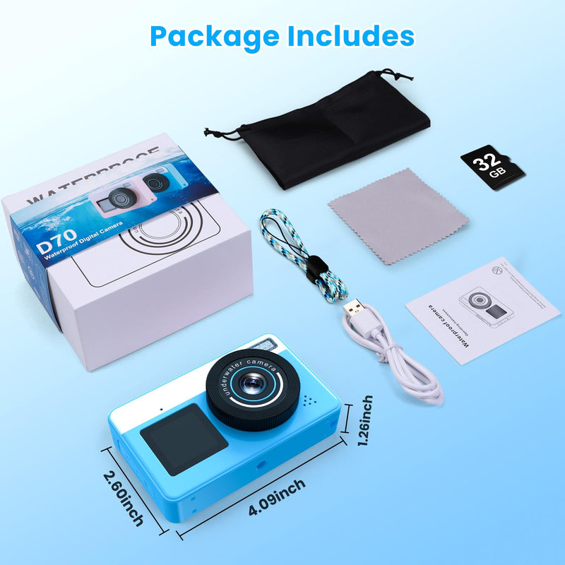 4K Waterproof Camera,10FT Underwater Digital Camera,48MP Floating Camera | for Snorkeling,Surfing,Swimming and Kayaking,Dual-Screen Selfie,Autofocus,18X Zoom,Fill Light,32GB Card,Type-C Rechargeable Blue