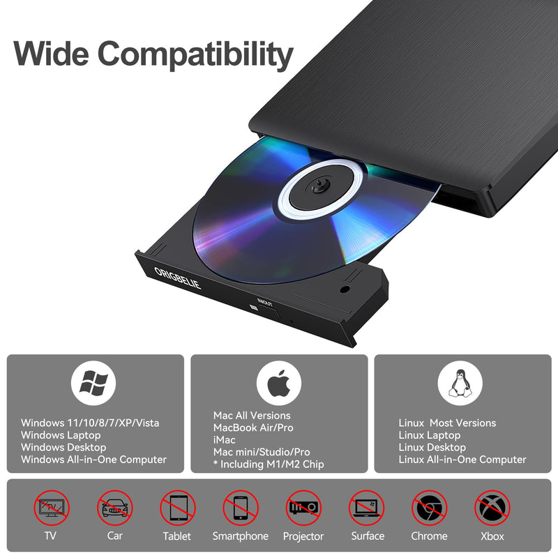 ORIGBELIE External CD/DVD Drive for Laptop, USB 3.0 CD ROM DVD +/-RW Burner | Portable External DVD Optical Disk Drive Player Reader Writer for Desktop PC Macbook iMac Mac Windows 11/10/8/7/XP Linux OS 5.6" x 5.8" x 0.7"