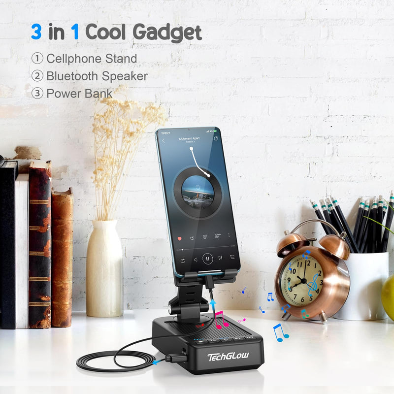 TechGlow Gifts for Men Women Foldable Cellphone Stand with Bluetooth Speaker Power Bank 360° Rotatable Phone Stand Birthday Gift Idea for Mom Dad Cool Tech Gifts