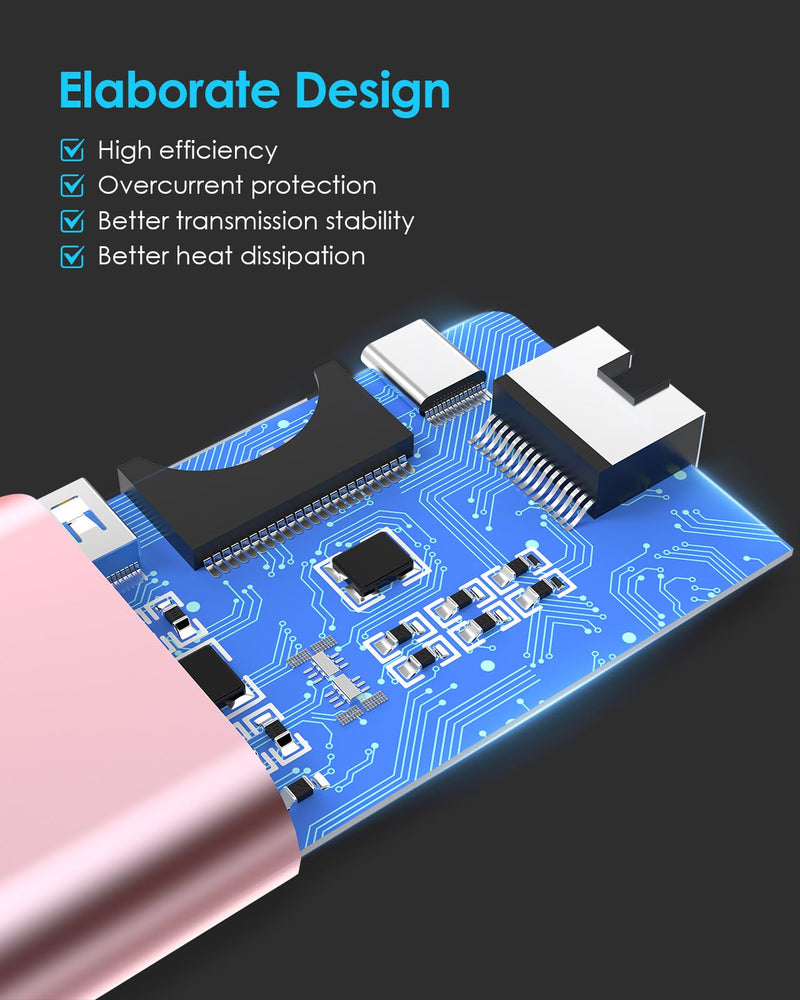LENTION 6-in-1 USB-C Hub, 2 USB3.0, 4K@30Hz, Ethernet, Card Reader, 100W PD | Ideal for Work & Study, Stable Driver 3.0 Certified, Compatible with macOS, iOS/iPadOS, Windows & ChromeOS (C68, Rose Gold)