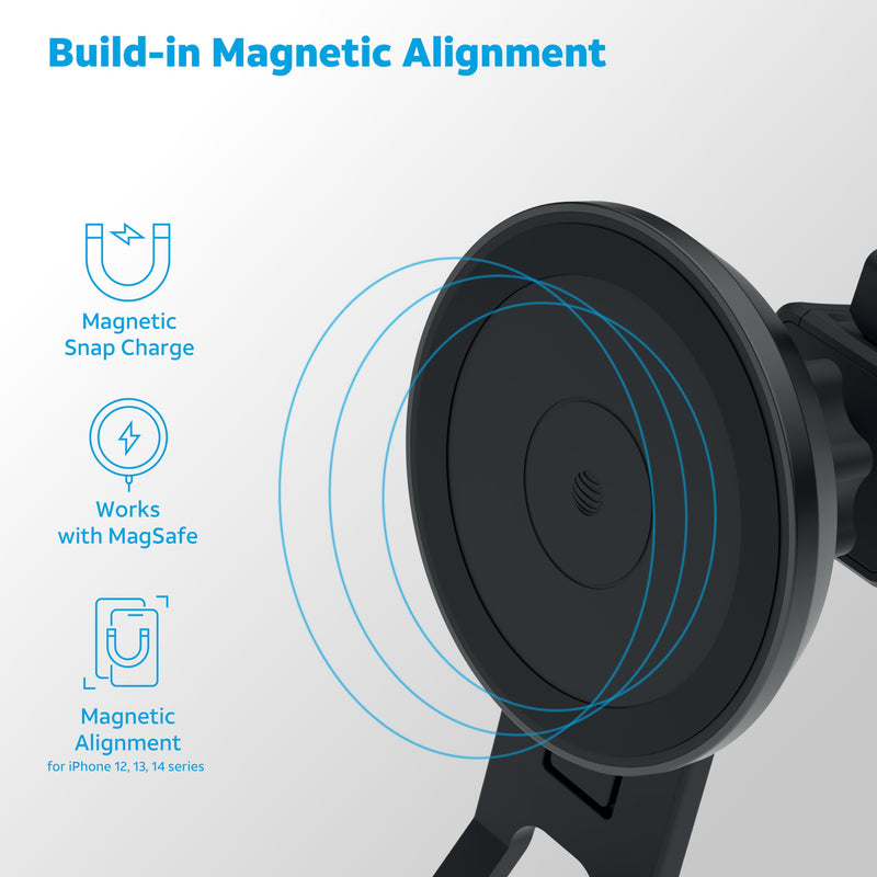 AT&T Qi Certified Case-Friendly Wireless Magnetic Charging Car Dock for Apple iPhone, Google Pixel, and Samsung Galaxy (Black) Black / Circle