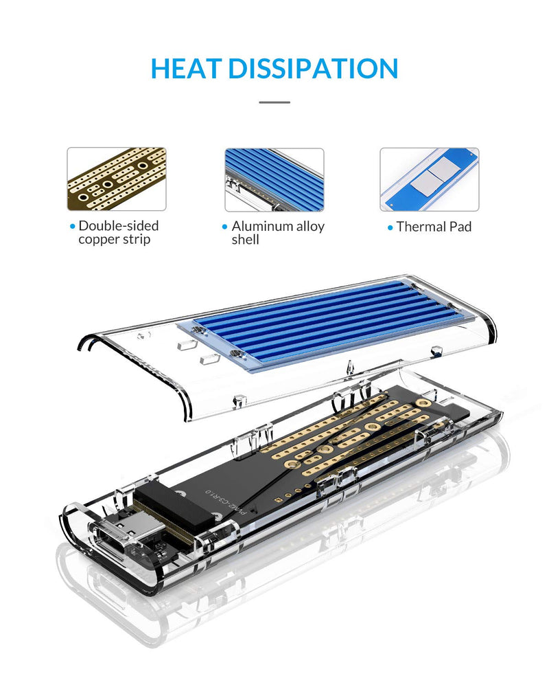 ORICO NVME M.2 to Type-C USB3.1 Gen2 10Gbps Transparent External Solid State Drive Adapter Enclosure for 2280 2260 2242 2230 PCI-E M2 M-Key SSD, USB Type C Converter Case (TCM2-Blue) Blue