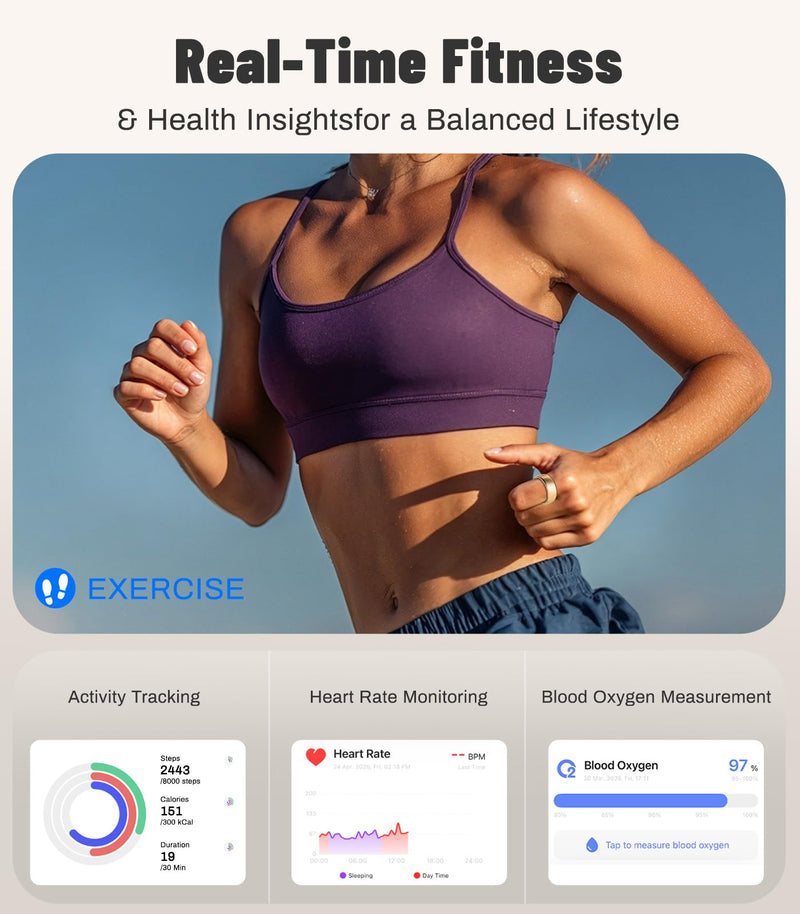 AI Smart Ring for Women Men, Health Ring with AI Health Analysis | Fitness Ring with HRV,Heart Rate,SpO2,Sleep Monitor & Stress, IP68 Waterproof Activity Tracke, No APP Fee (Rose Gold,13#)