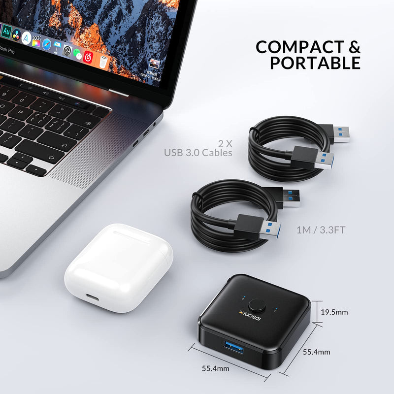 IDsonix USB 3.0 Switch 2 Computers Share 1 Device,1 in 2 Out Or 2 in 1 Out Bi-Directional for Printers/Keyboards/Mice, 5Gbps Plug and Play Switcher, 2pcs A to A 3.3ft Cables,Plastic,Black ABS