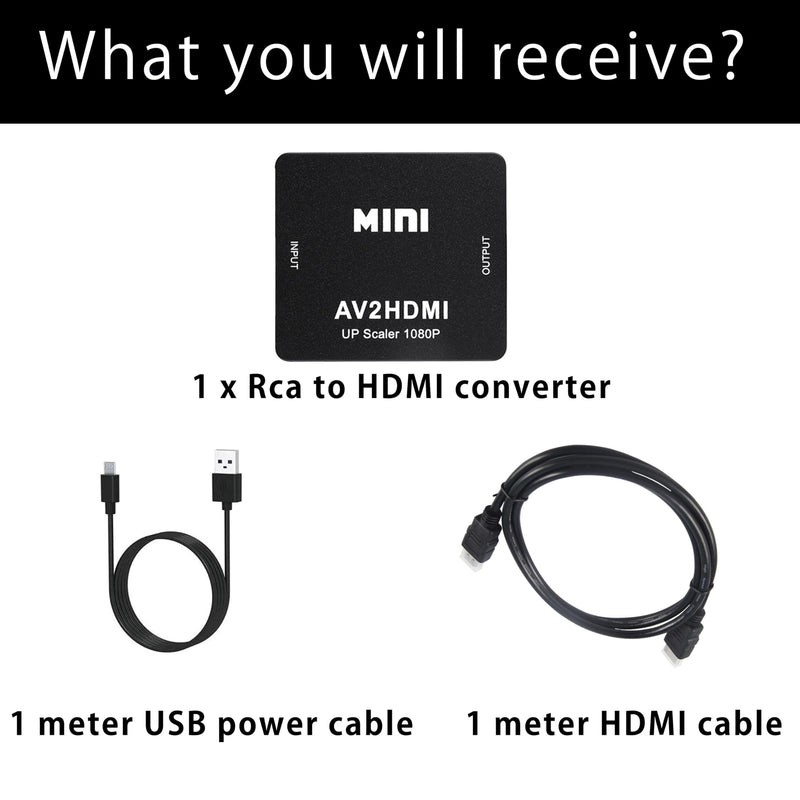 RCA to HDMI Converter, 1080P Mini RCA Composite CVBS Video Audio Supporting PAL/NTSC for TV/PC/ PS3/ STB/Xbox VHS/VCR/Blue-Ray DVD Players (RCA Adapter+HDMI Cable) 2 in 1