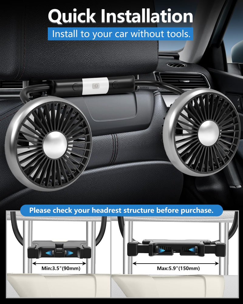 Dealswin Car Fans for Backseat Kids: USB Lightweight Dual Head Car Fan for Back Seat Baby Pets, 3 Speeds 360° Rotatable Fan for Car Powerful Car Cooling Fan Vehicle Headrest Fan for Sedan SUV RV Truck Black
