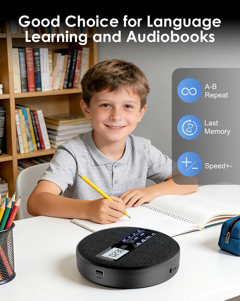 [AUSTRALIA] - Portable CD Player for Car with FM Transmitter, Rechargeable Small CD Player with Bluetooth & Dual Speakers for Home, Anti-Skip, Resume Playback, AUX/USB, Backlit LCD Display, Headphones 