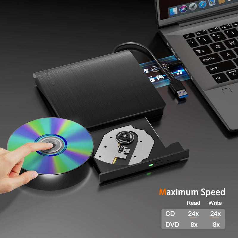 External CD/DVD Drive for Laptop PC CD DVD Player USB 3.0 Portable Optical Drive CD Burner Compatible with Windows 10 11 Linux Mac OS (Black) Black