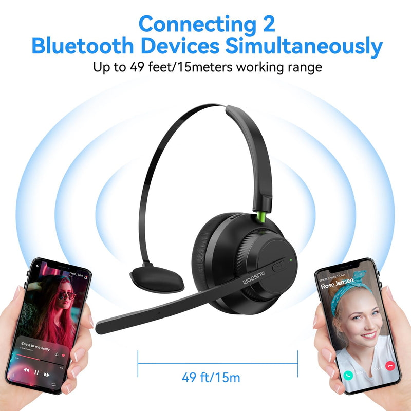 AUSDOM Trucker Bluetooth Headset with Microphone: A2301 Wireless 5.2 On-Ear Headset with AI Noise Cancelling Mic & Mute Button, 50H Playtime for Work from Home Office Call Center Cellphones Laptop Black & Green