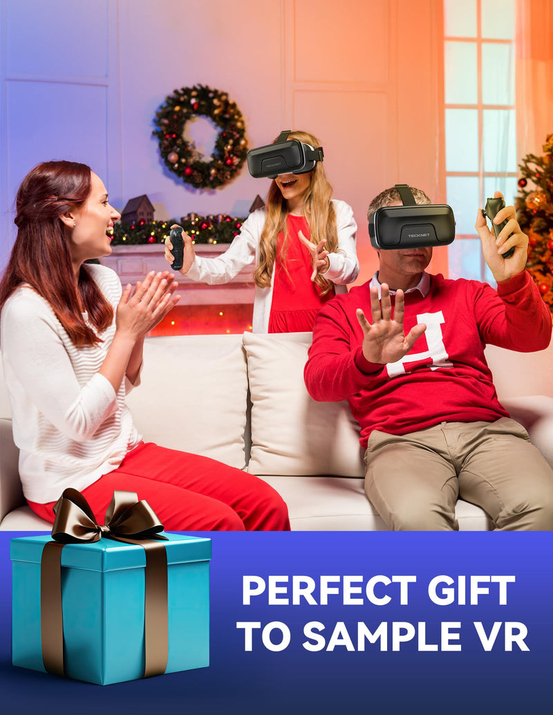 TECKNET VR Headset for Phone with Bluetooth Controller, 4.7-7.2" VR Headsets with HD 110°FOV Anti-Blue Light Lenses & Adjustable Gears, 3D VR Headset for Kids Compatible iPhone Samsung Android Black