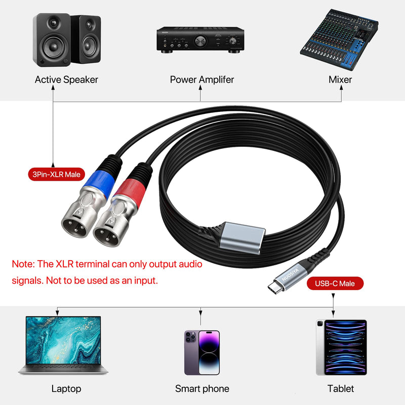 USB C to Dual XLR Male Audio Cable, 32Bit/384Khz USB Type C to 2 XLR Male Adapter Stereo Power Amplifier Cable for Connecting Smartphones USB C to Active Speaker, Laptops,Mixer Console (2M/ 6.6FT)