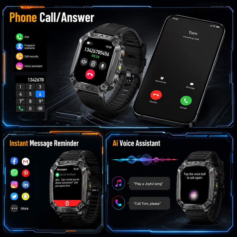 KPEP Smart Watches for Men, 2 Flashlight & 100 Days Battery Life | IP68 Waterproof 2.01'' Military Smart Watch with Sleep/SpO2/Heart Rate Monitor/Step Tracker, Sport Smartwatch for Android iOS