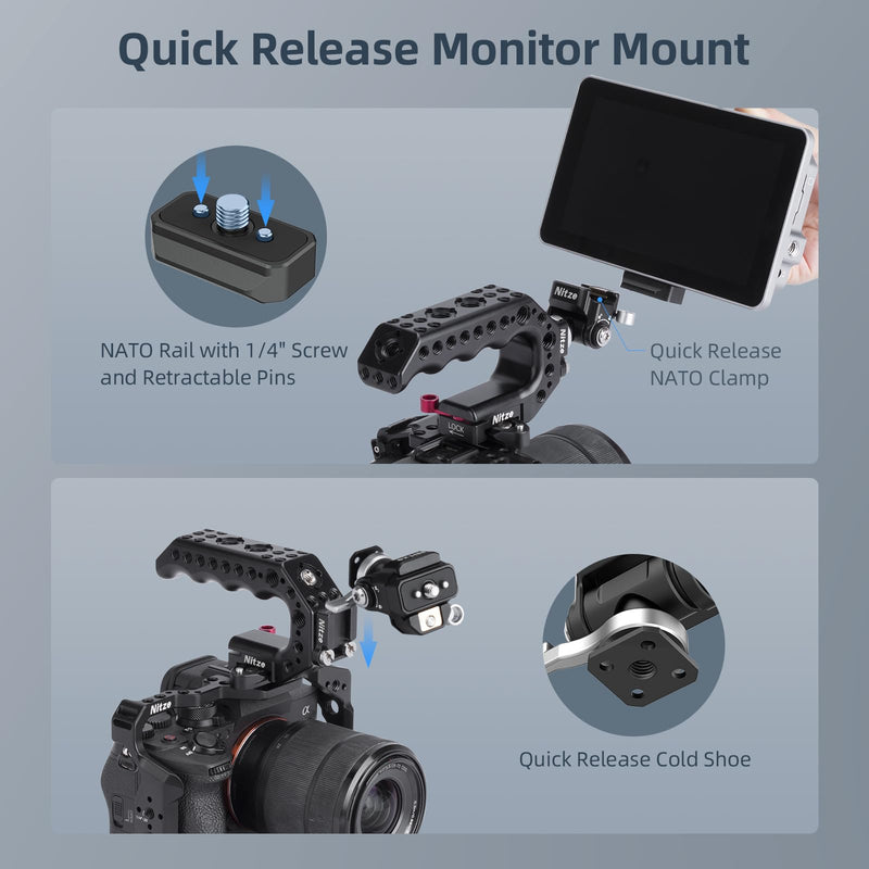 [AUSTRALIA] - Nitze Quick Release Camera Monitor Mount (NATO Rail with 1/4” Screw and Retractable Pins to Cold Shoe), Field Monitor Mount with Adjustable NATO Clamp, 170° Tilt and 360° Pan - N54-S1 