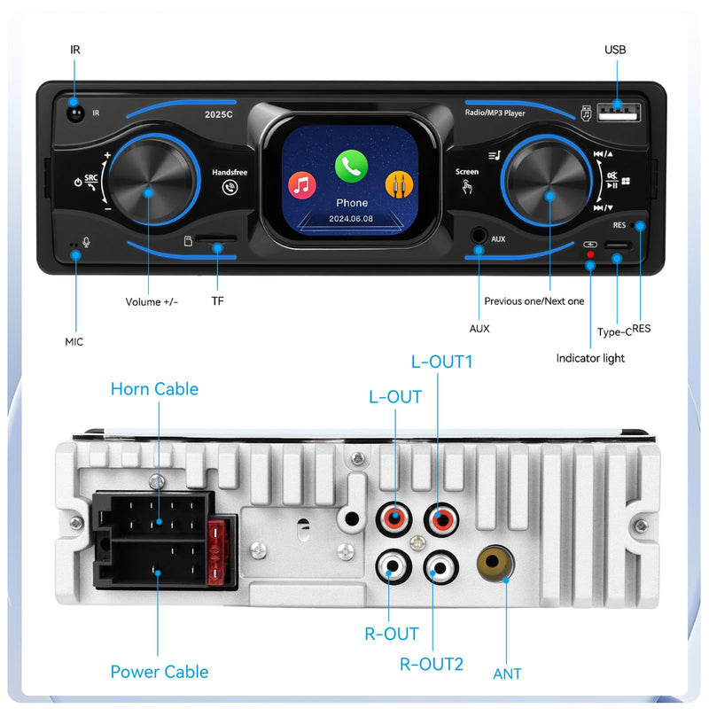 [AUSTRALIA] - Single Din Car Stereo Marine Radio Bluetooth Multimedia Car Audio Receivers with Digital LCD Display FM Car Radio USB/Type-C/SD/AUX-in MP3 Player Lossless Sound Quality Quick Charge+ SWC 