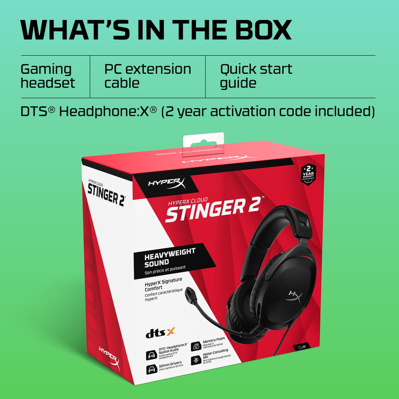 HyperX Cloud Stinger 2 – Gaming Headset, DTS Headphone:X Spatial Audio, Lightweight Over-Ear Headset with mic, Swivel-to-Mute Function, 50mm Drivers, PC Compatible, Black Wired