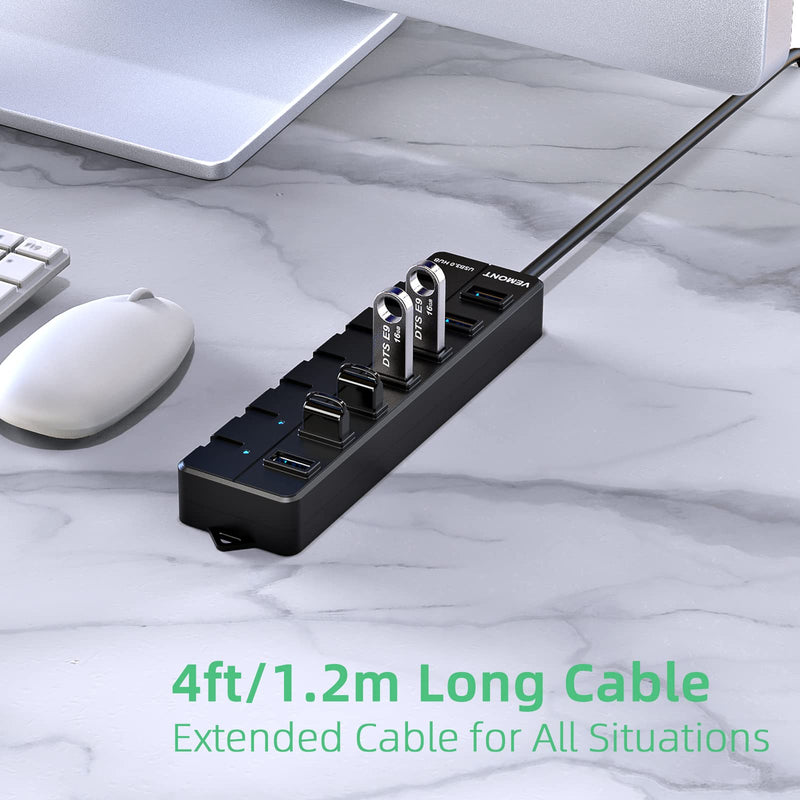 USB hub 3.0,7-Port USB Hub,VEMONT 3.0 USB Splitter with Individual On/Off Switches and Lights, 4ft/1.2m Long Cable USB Extension for Laptop and PC Computer 4ft Black