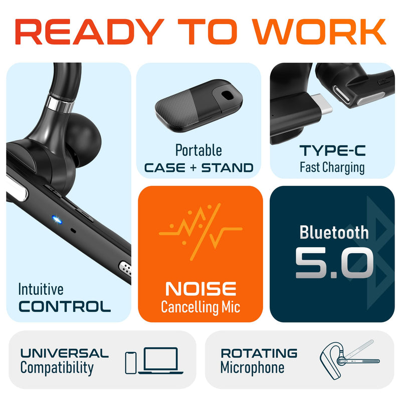 Delton Ultralight Bluetooth Headset with Noise Cancelling Microphone | Bluetooth Earpiece with Carrying Case, Wireless Headset for PC/Laptop, Compatible with MS Teams, Zoom and More - Black