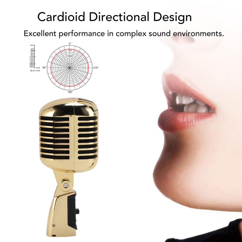 Retro Vintage Microphone, Zinc Alloy Self Tensioning Rack Dynamic Vocal Microphone with Sound, for KTV, Stage Performances (Gold)