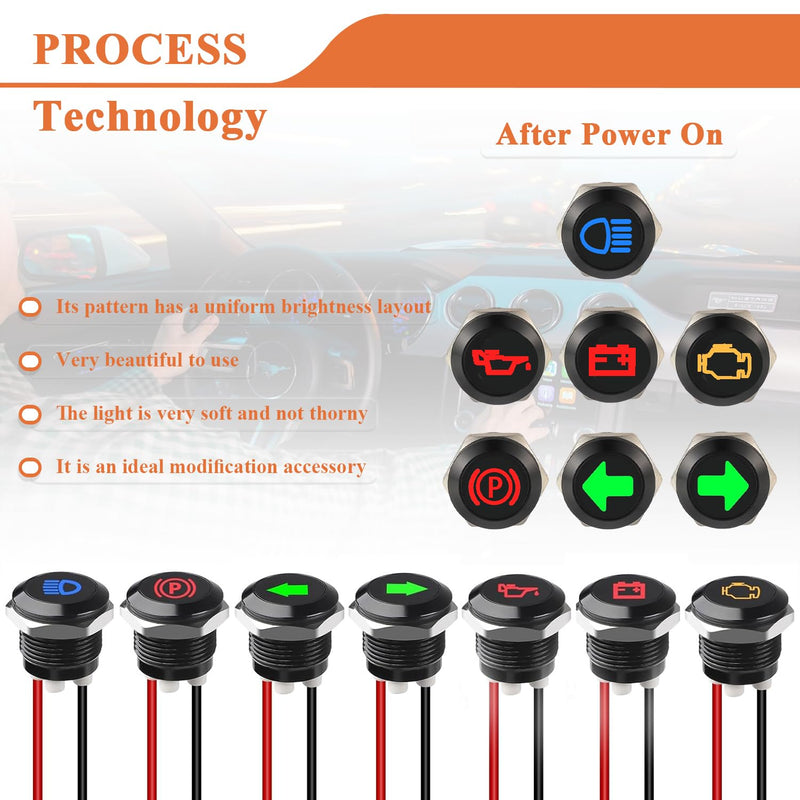 JAMHER Pack of 7 12 mm Waterproof Signal Light LED Indicator Light, DC 12 V/24 V LED Metal Indicator Light with 150 mm Cable for Motorcycles Cars Trucks Tractors RV ATV 7 Pieces