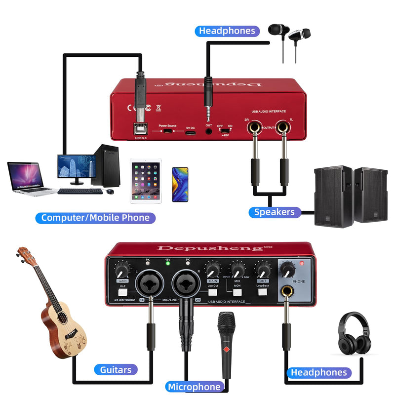 Depusheng RED USB Audio Interface for Recording Music, XLR Interface with 48 V Phantom Power, Audio Box for Guitarists,Podcasters or Producers to record and playback studio quality sound