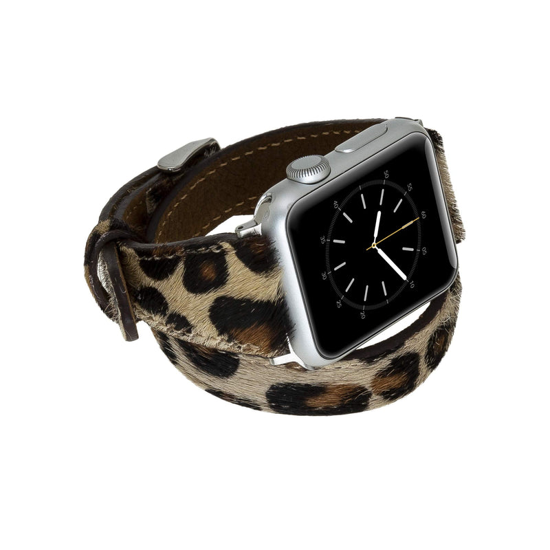 Venito Serena Slim Double Wrap Leather Watch Band Compatible with Apple Watch iwatch Series 1, 2, 3, 4, 5, 6, 7, SE (Furry Leopard w/Silver Stainless Steel Hardware, 38mm-40mm)