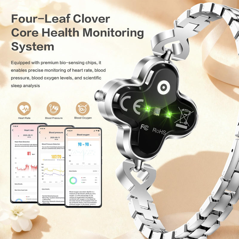 Green Lucky Clover Smart Bracelet with Quartz Clock - 24/7 Health Monitor Track Heart Rate Blood Oxygen Sleep Stress, Fitness Tracker IP68 Waterproof for Women Men, Compatible with Android iOS Phone
