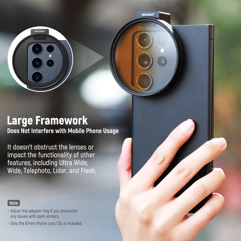 NEEWER Upgraded 67mm Phone Filter Mount Threaded Lens Filter Clip with Cold Shoe Mount, Locking Knob, 13mm Opening Compatible with iPhone 15 Pro Max 15 Plus 14 13 Samsung Galaxy S22 S23 Ultra, LA006