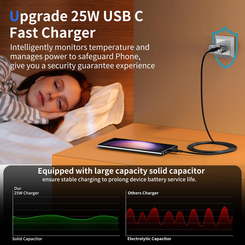 Type C Charger Fast Charging for Samsung 25W Fast Charger, 2-Pack PD/PPS USB C Fast Wall Charger Block with 6FT Type C to Type C Cable for Samsung Galaxy S23/S22/S21/S20/Note 20/Note 10/ iPhone 15 Black