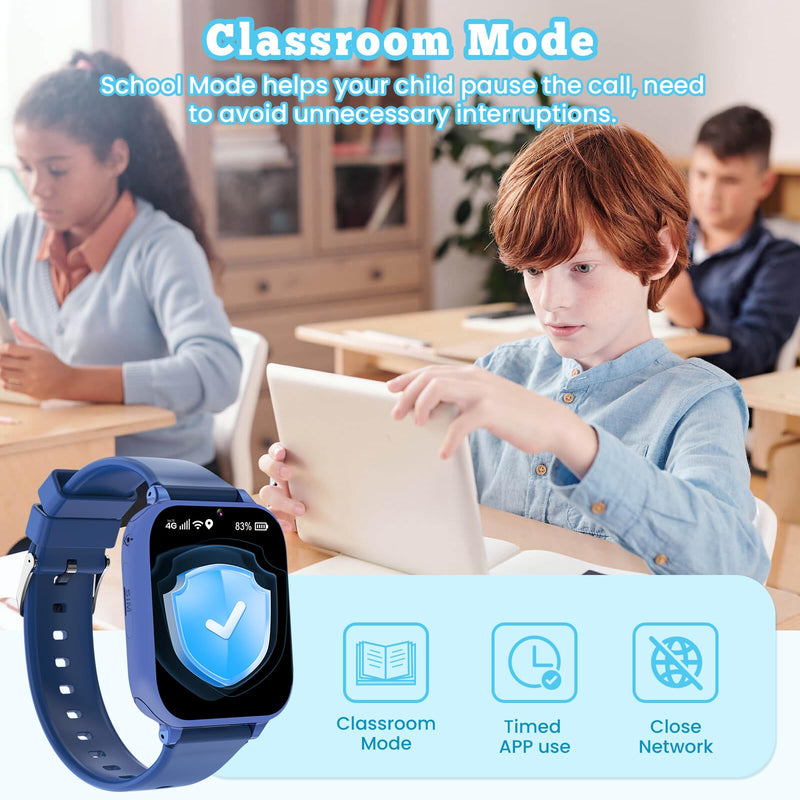 4G Kids Smart Watch for Boys Girls, Kid Watch Phone Ages 4-12 with Call, GPS, SOS, Video Call, Games, Camera, Alarm, Touchscreen Smartwatch for Children Birthday Gift (Includes SIM Card),Navy Blue Navy Blue