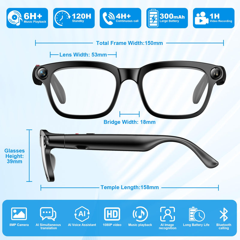 AI Smart Glasses with Camera, 8MP HD Camera Glasses for Women Men, Video Recording Sunglasses with Voice Assistant, Open-Ear Audio, Real-Time Translation for Life &Work Vlog, Black(3 Lenses)