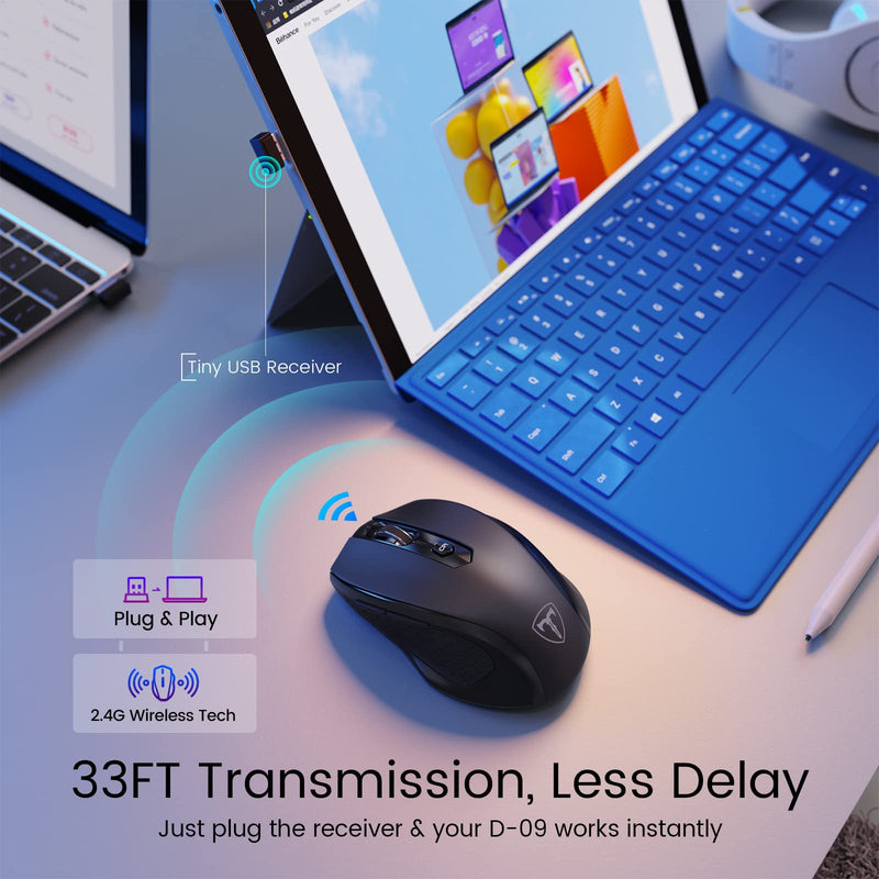 HOTWEEMS D-09 Wireless Mouse for Laptop - Ergonomic Plus Computer USB Cordless Mice, Ergo Grips, Lightspeed 5-Level 2400 DPI, 16 Months Battery, Portable for PC Mac Chromebook, 6 Button, Stormy Black
