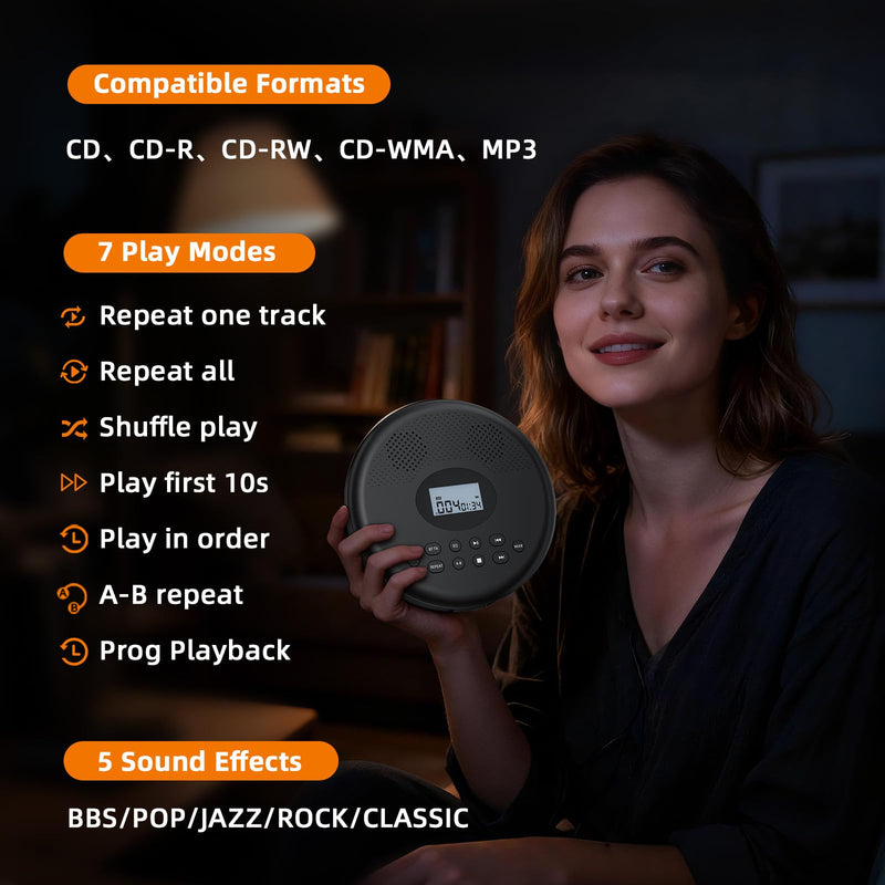 [AUSTRALIA] - Arafuna Portable CD Player with Bluetooth, Rechargeable CD Player for Car/Home with Headphones, Anti-Skip, LCD Display, AUX/TF Card Port (Black) Black 