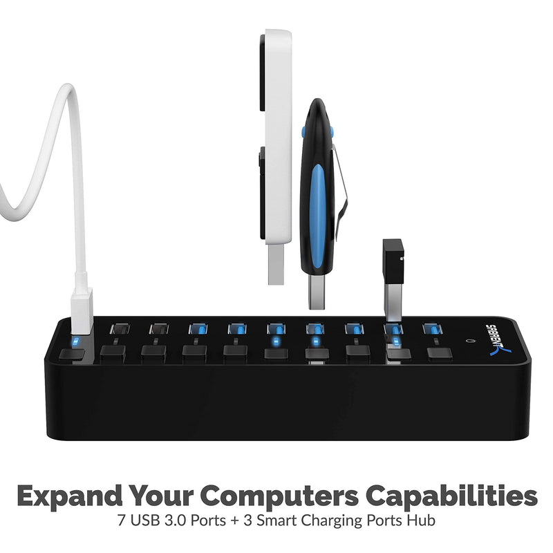 10 Port USB 3.0 Hub Includes 3 Smart Charging Ports with Individual Power Switches and LEDs and 60W 12V/5A Power Adapter+USB 3.0 to SSD/SATA/IDE 2.5/3.5/5.25-INCH Hard Drive