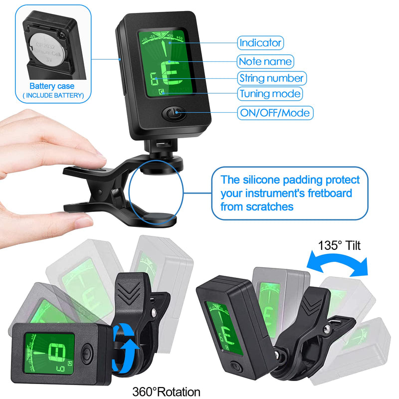 Guitar Tuner, Guitar Accessories with Guitar Picks, Guitar Capo, Capo for Acoustic Guitar, Bass, Buzzing-Free, Quick Release, Guitar Tuner Clip on for Guitar, Violin, Bass, Ukulele Chromatic Black