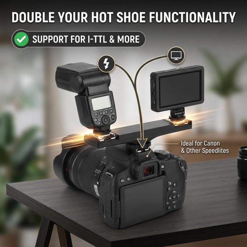 [AUSTRALIA] - Dual Hot Shoe Splitter Camera Shoe Mounts, Dual Hot Shoe Flash Speedlite Light Bracket for SLR Camera Camcorder, Extension Bar Mount Cold Shoe Extension Bracket (for Canon) For Canon 