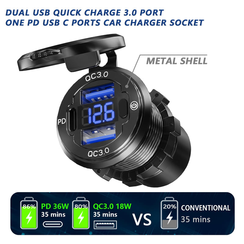 2PCS, 12V USB Outlet, VANONE Aluminum Alloy Dual 18W QC3.0 Ports & 36W PD USB Charging Port 12 Volt Outlet Charger Socket, Accessories for Car Boat Marine Motorcycle RV ATV Truck Golf Cart GSG2023-5M