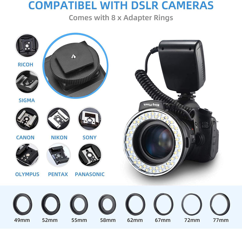 [AUSTRALIA] - Ring Flash, Emiral 48 Macro LED Flash Light with LCD Display Power Control, Adapter Rings and Flash Diffuser for Canon, Nikon DSLR Cameras 