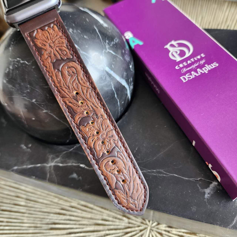 Tooled Leather Band Compatible with Apple Watch Ultra 3 2 1 & Series 11/10/9-3 SE, 3D Floral Western Strap for Men Women Antique Walnut / Black 44/45/46/49mm Ultra/42mm(S 1/2/3)