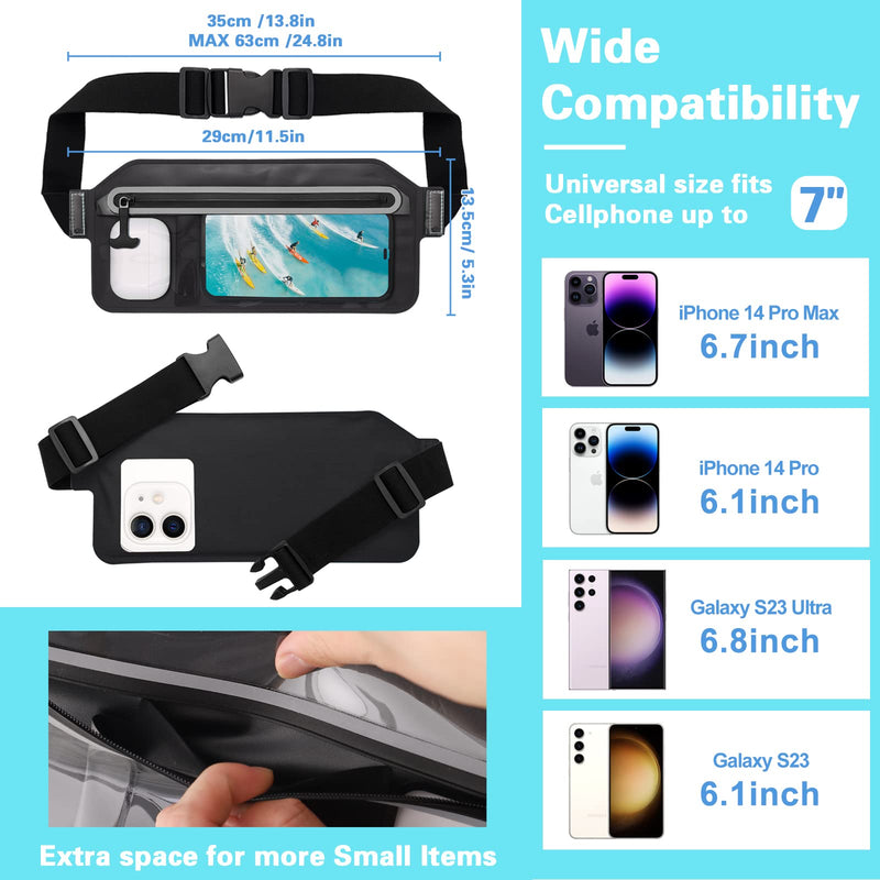 Waterproof Phone Pouch,IPX8 Waterproof Phone Case with Adjustable Waist Strap,Compatible with iPhone Whole Series Galaxy Whole Series up to 7",Waist Bag for Beach, Boating,Swim,Black Black