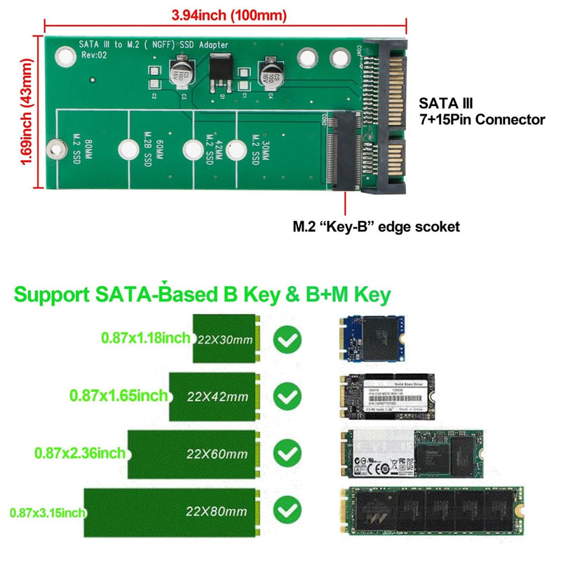 Jiuwu M.2 to Sata Adapter Ngff to Sata Adapter Card（Not for M.2 Nvme） Ngff M2 to 2.5 Inch Sata Iii Drivers B Key B & M Key Ssd Converter forDOS, Windows 95, 98, XP, 2000, Vista Green