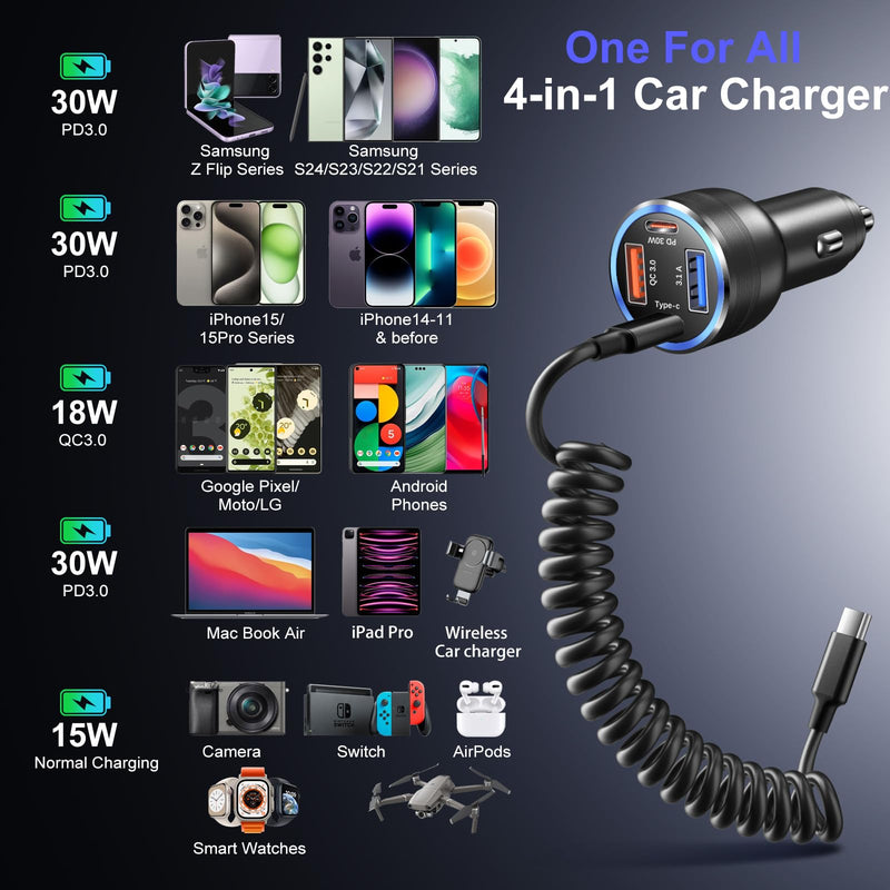 3 Pack 65W Super Fast Type C Car Charger USB C Cigarette Lighter Adapter, 4 Port USB C Car Charger QC+PD 3.0 Fast Charging for Galaxy A17 A16 A15 A14 A13 S26 Ultra S25 S24 Car Phone Charger Plug
