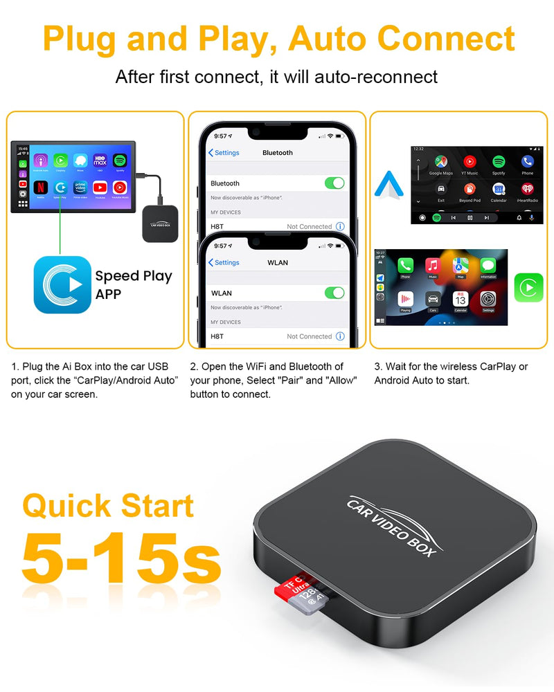 5-in-1 Android Auto Wireless Adapter and Apple CarPlay Adapter, Wireless Carplay Adapter with Netflix YouTube TF Card, Magic Ai Box for OEM Wired iPhone Car Play Cars, Plug & Play, Easy Setup Obsidian