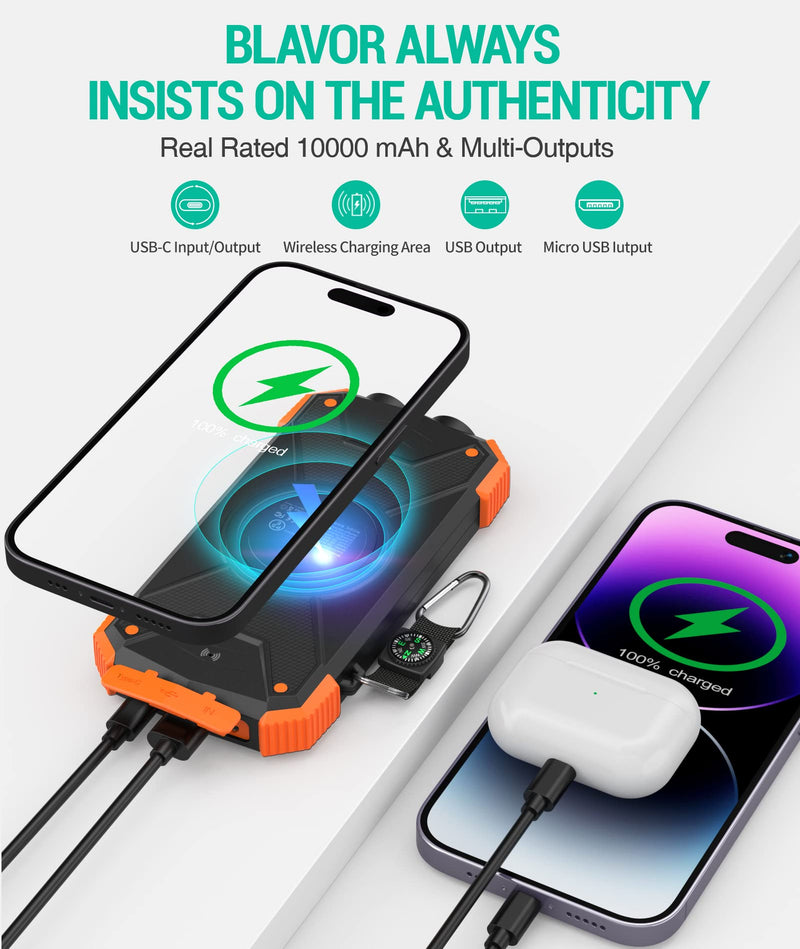 [AUSTRALIA] - BLAVOR Solar Power Bank 10,000mAh, Portable Wireless Charger, 20W Fast Charging External Battery Pack with USB C for Cell Phones, Solar Panel Charging with Dual Flashlight for Camping Orange 