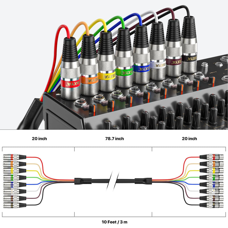 [AUSTRALIA] - EBXYA 8 Channel XLR Snake Cables 10ft, 8 Colored XLR Male to Female Snake Cables, 1 Pack 8-Channel 10 Feet Black 