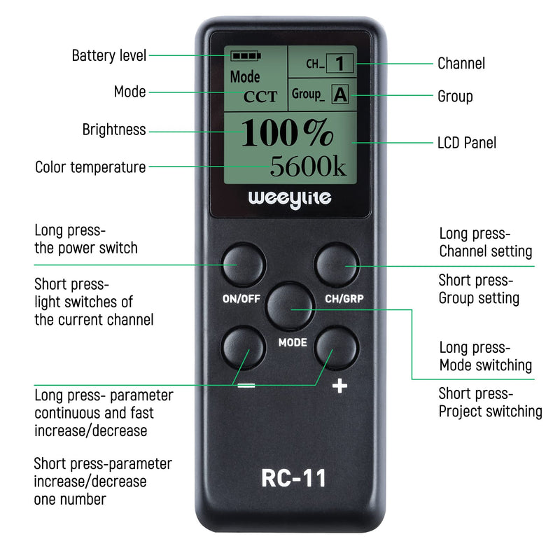 RC-11 Wireless Remote for Weeylite RB9 Light/WE-10/WE-9 RGB Ring Light Ninja 20 200 300 400 Series COB Video Light, VILTROX K60/Sprite 15B 15C Lights