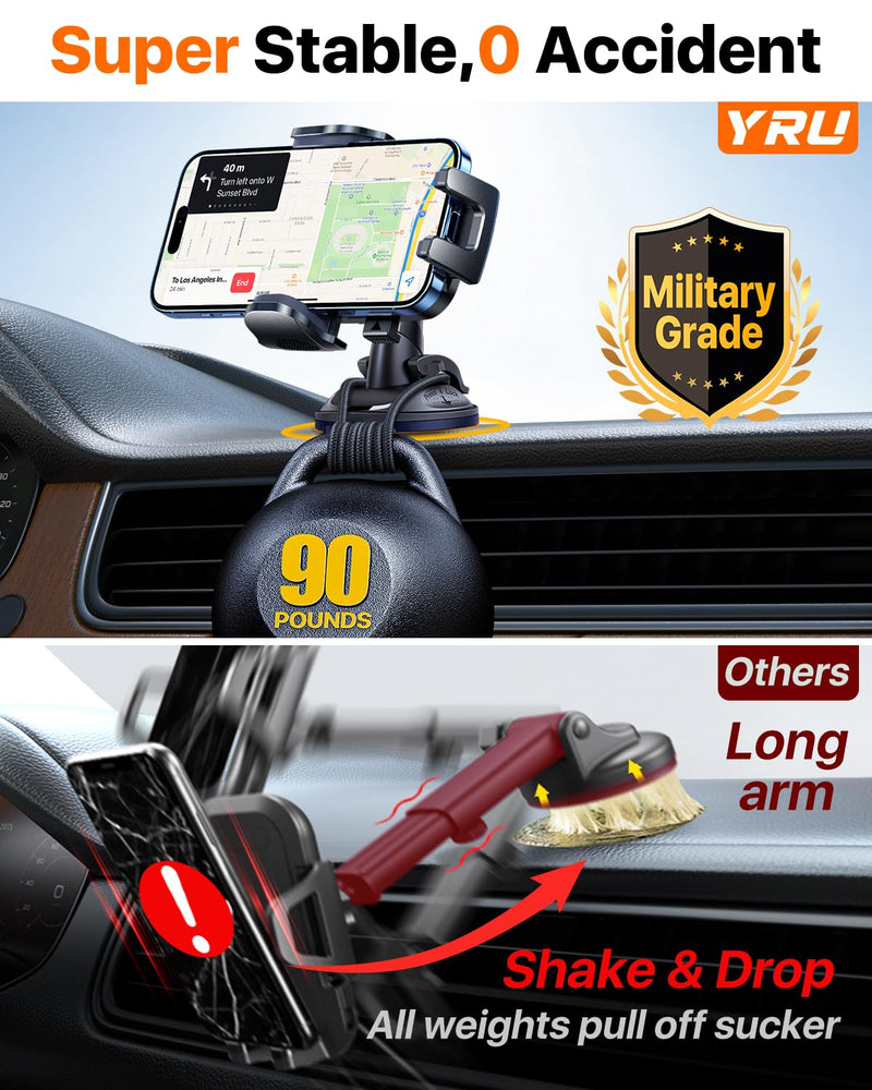 YRU 90+LBS Military-Grade Anti-Shake 2026 Upgraded Car Phone Holder Mount | Safest Strongest Patent Certs 360° Rotatable Suction Dashboard Windshield Vent for iPhone 17 16 Pro Max Samsung, Matt Black