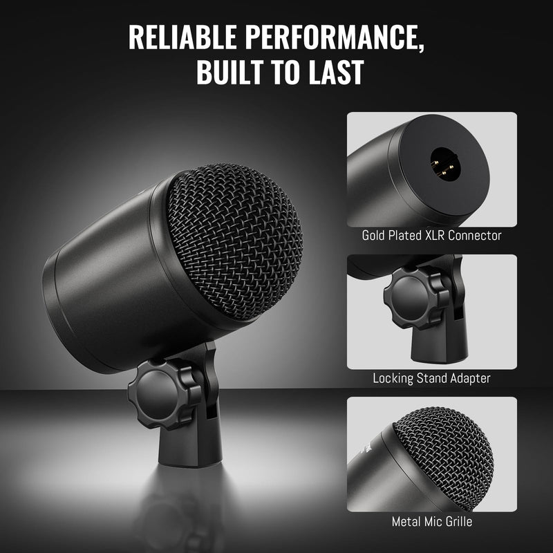 Phenyx Pro PDM33 Kick Drum Microphone, Cardioid Dynamic Mic with Locking Stand Adapter, Integral XLR Connector, and Metal Mesh Grille